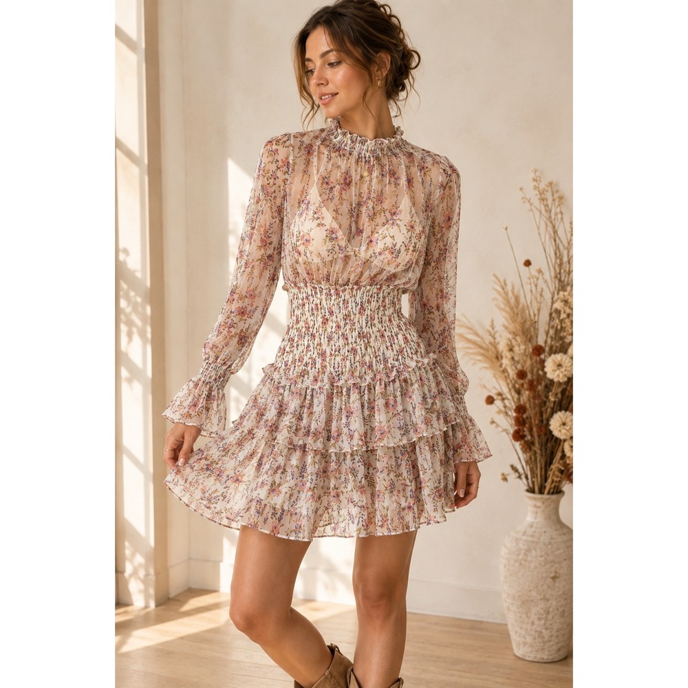 Polly Floral Mini Dress US 4 Sheer Smocked Waist Ruffle Tiered Long Sleeve